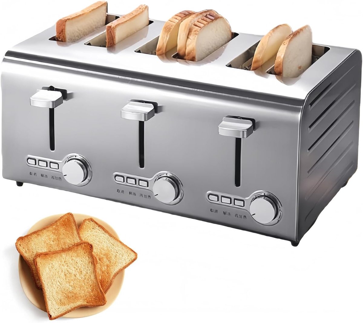 Broodrooster 6 sneetjes Volautomatische toaster Snel ontbijten Onafhankelijke controle 7 bruiningsniveaus Zilverkleurig