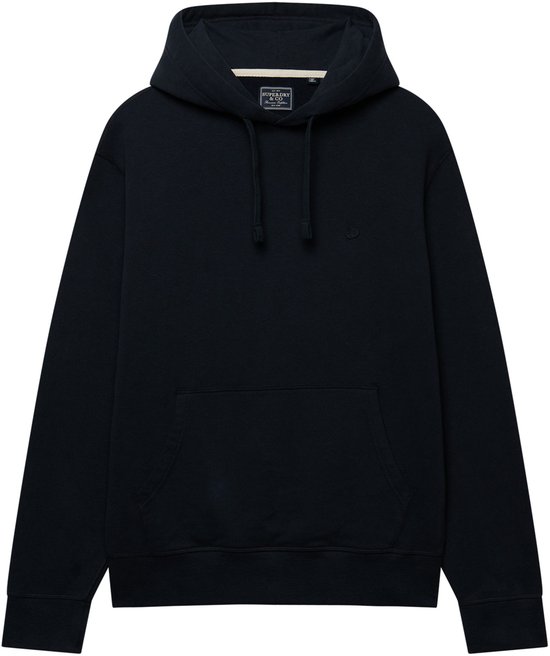 Donkerblauwe hoodie met capuchon en kangoeroezak.