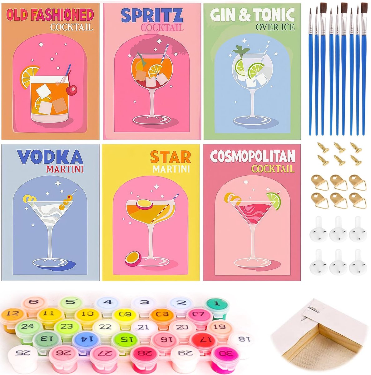 Dailygoods- Schilderen op Nummer Volwassenen - 6 Stuks Ingelijste Doeken 15x20 cm - DIY Cocktail - Acrylverf en Penselen - Creatieve Thuisdecoratie - Doe-het-zelf Schilderpakket