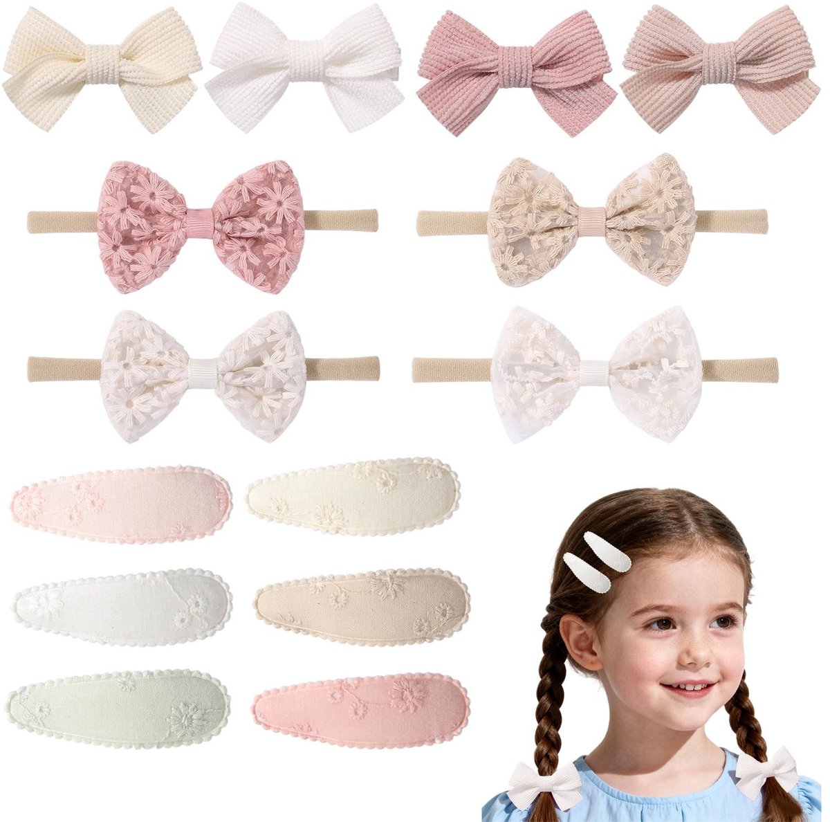 Dailygoods - 14 stuks set baby haarspelden met strikjes en elastiekjes, haarspelden voor meisjes, haarstrikjes voor kinderen, voor verjaardagen, feesten, fotografie en festivals