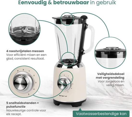 Emerio Retro Blender - 1,75L - Smoothie Maker met Glazen Kan - 5 snelheden - Pulsfunctie - RVS messen - 600W - BL-131620.7 Crème van Emerio — afbeelding 4