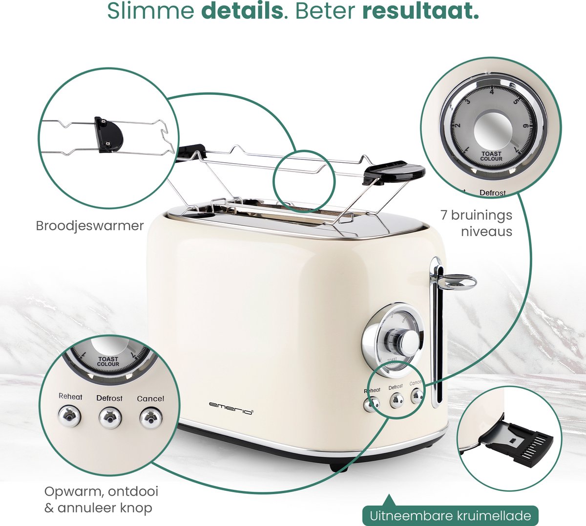 Emerio Retro Broodrooster - 800W Toaster - TO-133281.1 Creme thumbnail 2