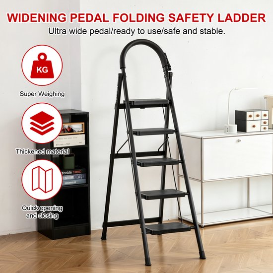 Zwarte opvouwbare ladder met 5 treden, met symbolen voor 'Super Weighing', 'Thickened material', en 'Quick opening and closing'.