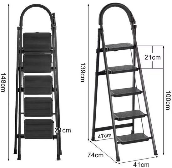 Zwarte opvouwbare ladder met 5 treden, met afmetingen aangeduid.