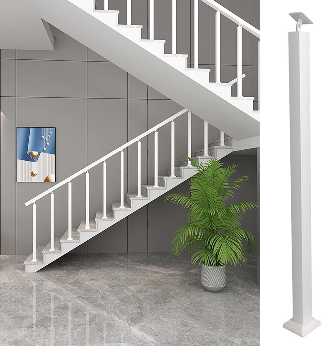 Trapbaluster leuningpaal - Spindel paalset - Veilige trappen - Verstelbare hoekbeugel - 120 cm - Wit