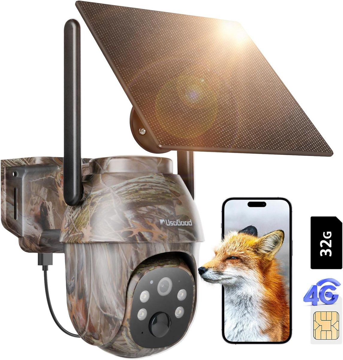 4G LTE-wildcamera op zonne-energie met bewegingsdetector, accu, SIM-kaart en 32G-kaart, 2K-bewakingscamera voor buiten met kleuren-nachtzicht en PIR