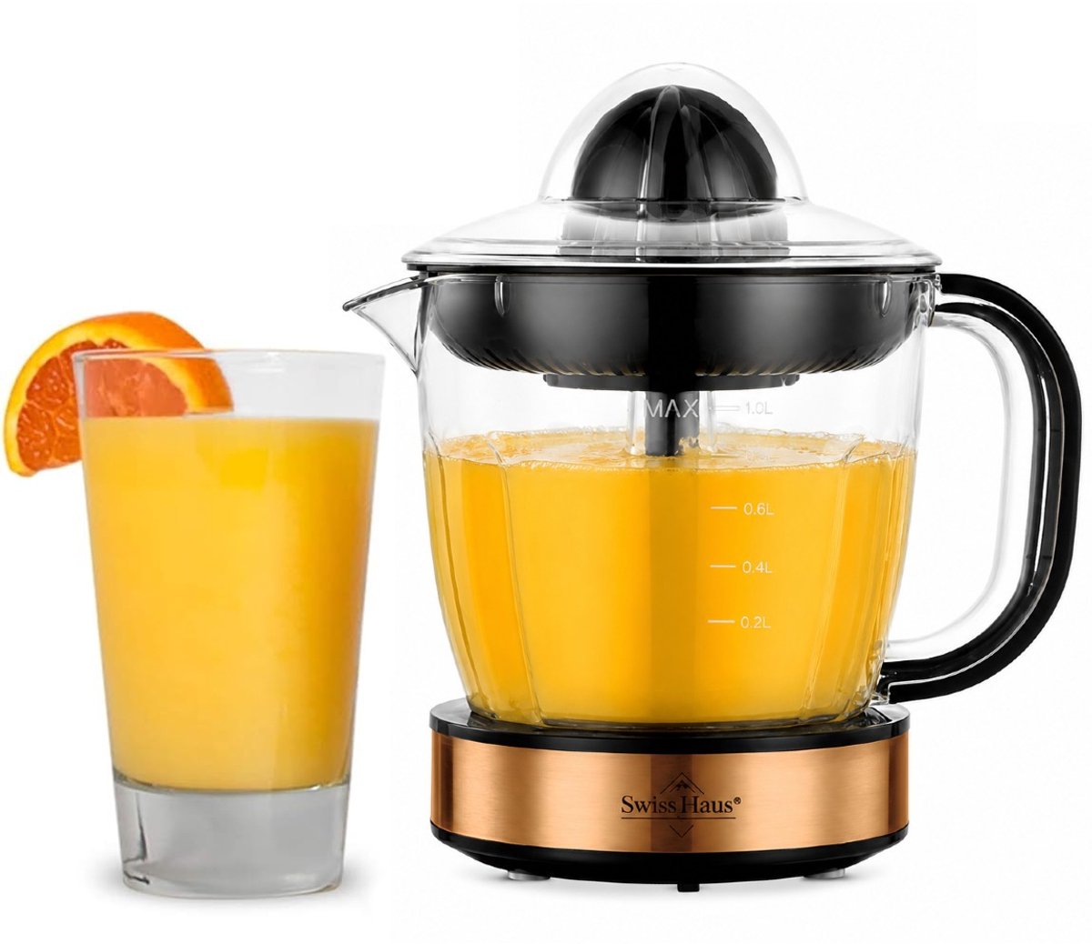 Swiss Haus® CJ2140 Citruspers Elektrisch - 40W – 1L Sapreservoir – Sinaasappelpers - 2 Draairichtingen – Fruitpers met Pulpfilter & 2 perskegels – Compact – Koper