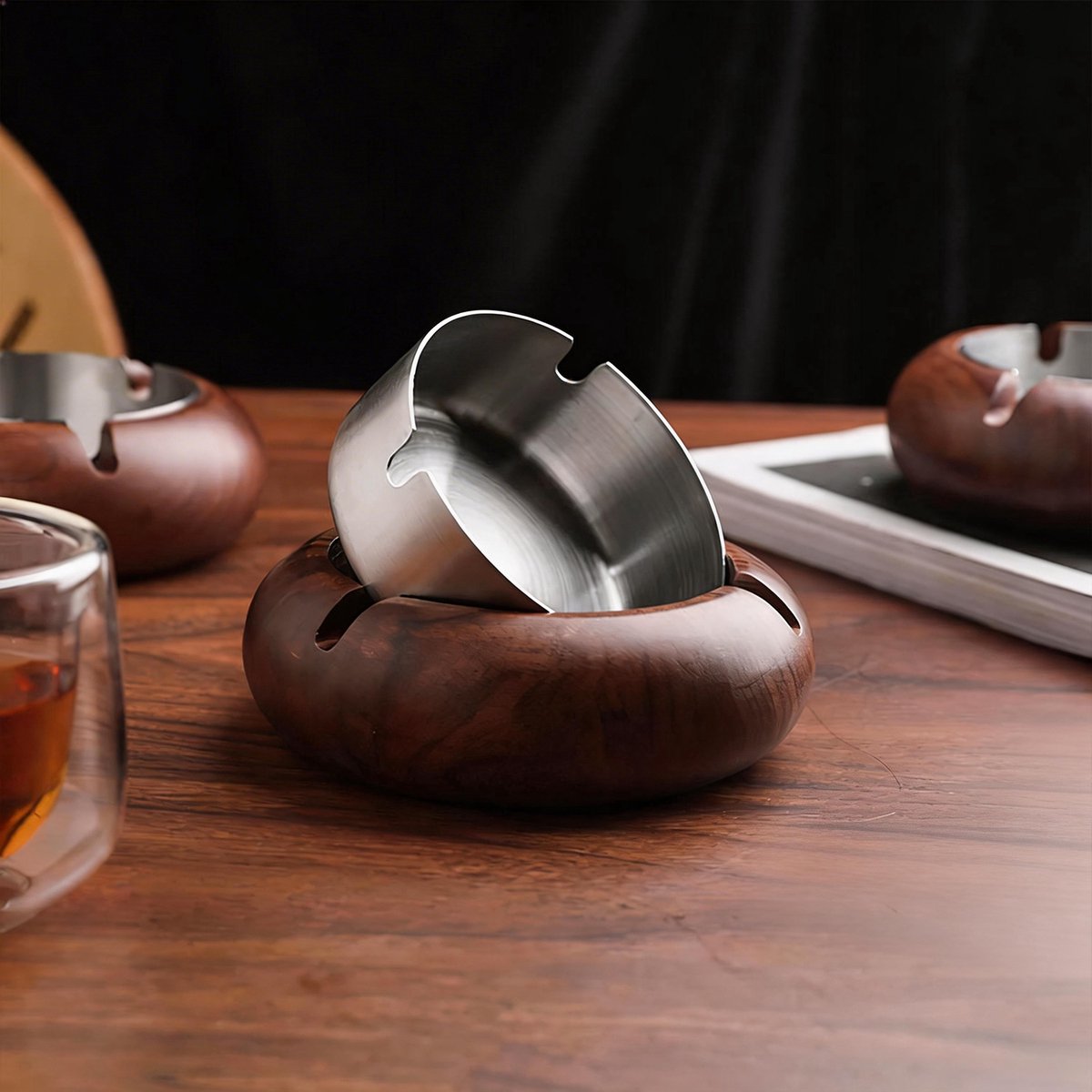 Walnoot Houten Asbak-Massief Hout Asbak-RVS Binnenbak-Tafel Organizer-Asbak Woonkamer Kantoor-Slaapkamer-11,5cm