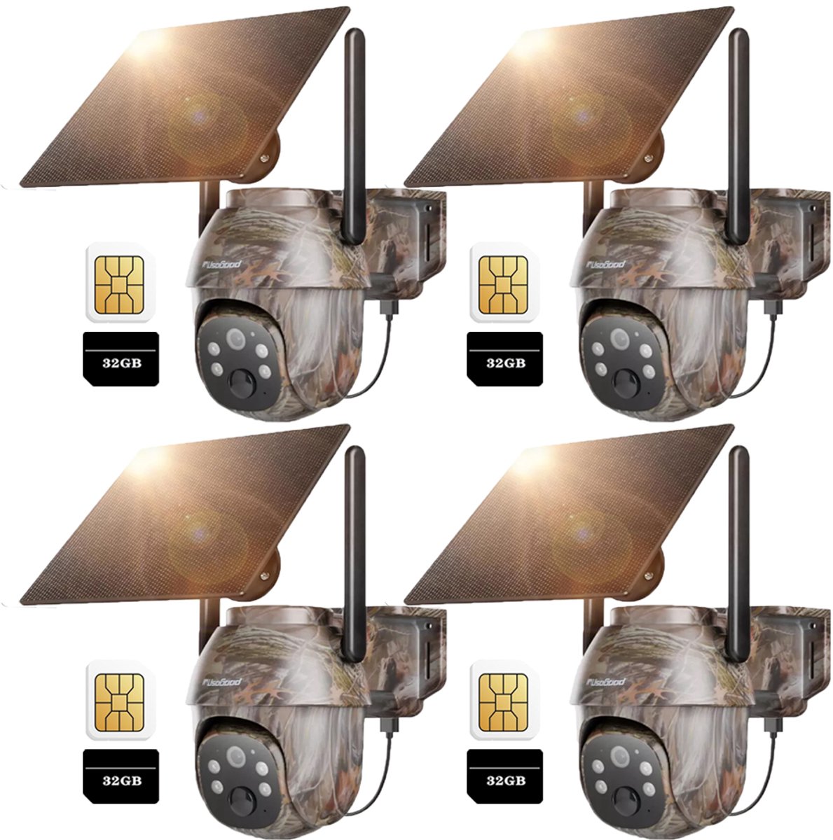 4G LTE-wildcamera op zonne-energie met bewegingsdetector, accu, SIM-kaart en 32G-kaart, 2K-bewakingscamera voor buiten met kleuren-nachtzicht en PIR 4PCS
