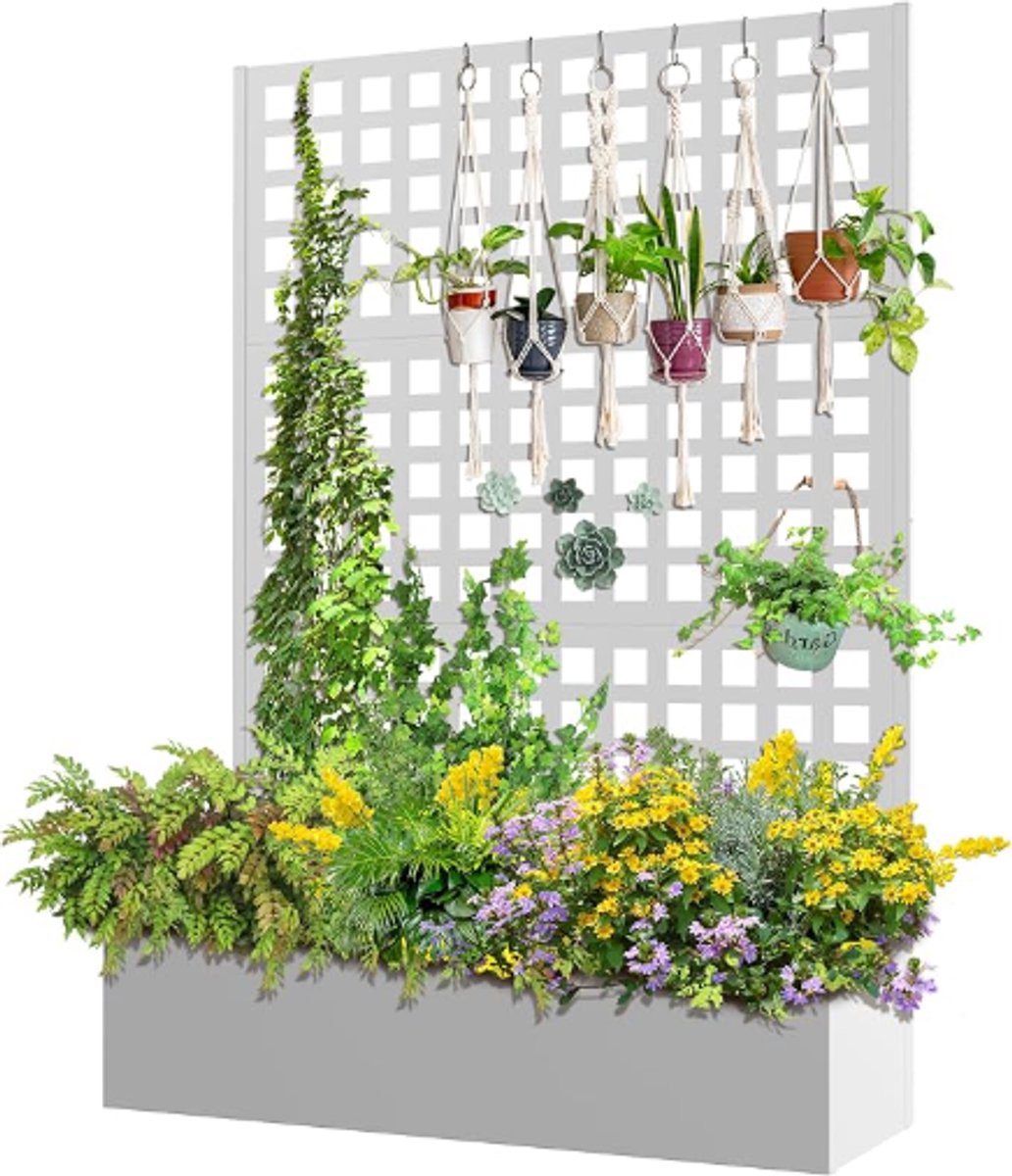 Verrijdbare Plantenbak met Trellis & Privacyscherm - Wit Metaal - 120 x 40 x 180 cm - Mobiele Bloembak met Klimrek en Wielen - Windscherm & Roomdivider voor Tuin, Balkon en Terras