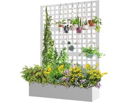 Verrijdbare Plantenbak met Trellis & Privacyscherm - Wit Metaal - 120 x 40 x 180 cm - Mobiele Bloembak met Klimrek en Wielen - Windscherm & Roomdivider voor Tuin, Balkon en Terras