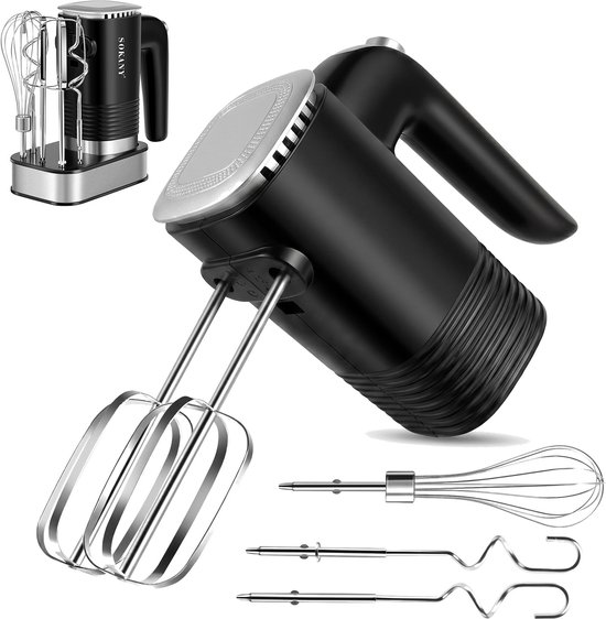 Zwarte handmixer met zilverkleurige accenten, inclusief RVS gardes, deeghaken en opbergbasis.