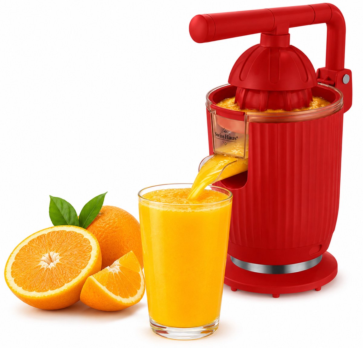 Swiss Haus® CJ1914 Citruspers Elektrisch - 140W – Elektrische Sinaasappelpers met Pershendel – 2 Perskegels – Verse Sinaasappelsap – Afneembare Onderdelen – Rood