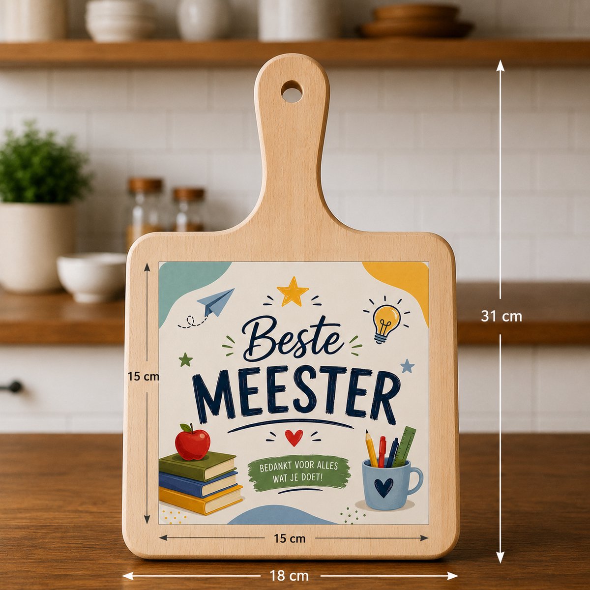 Kaasplank Beste Meester – Houten Serveerplank met Tegel 15x15 cm – Bedankje voor Meester – Plank 18x31 cm