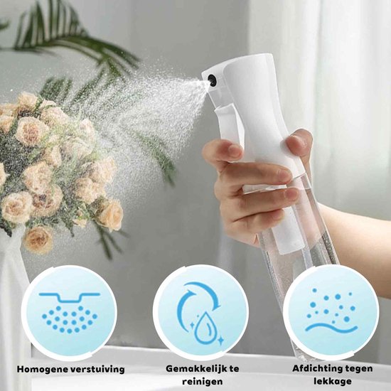 Spuitfles - Ultrafijne nevelspuitfles - Kleine draagbare spuitfles (leeg) - Geschikt voor gezicht, planten en reiniging - Witte dop + transparante fles - 300 ml - 1 stuk — afbeelding 4