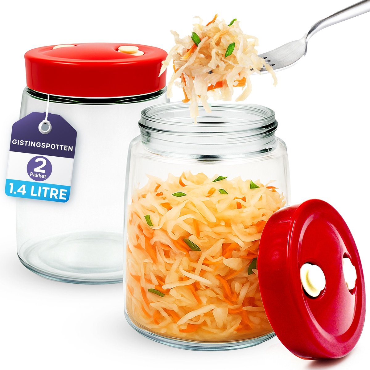 1,4 L fermentatieglas met luchtslot, 2 stuks, 1-weg ventiel voor kimchi, kombucha & zuurde