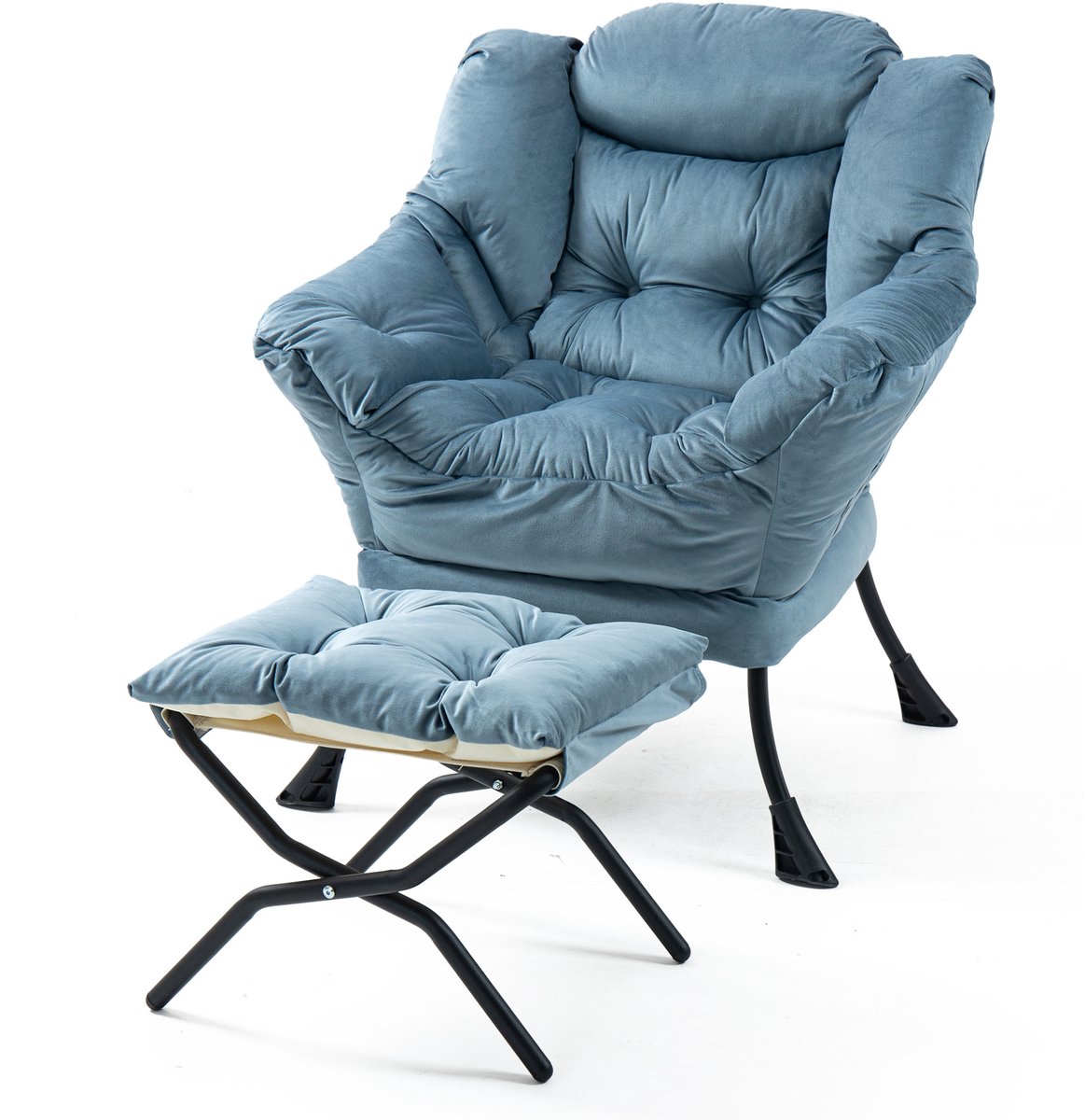 HAUSS SPOLE Fauteuil - Loungestoel Met Opvouwbare Hocker En Zijvak - Ergonomisch En Gepolsterd - Voor Slaapkamer, Woonkamer Of Balkon - Velvet Lichtblauw