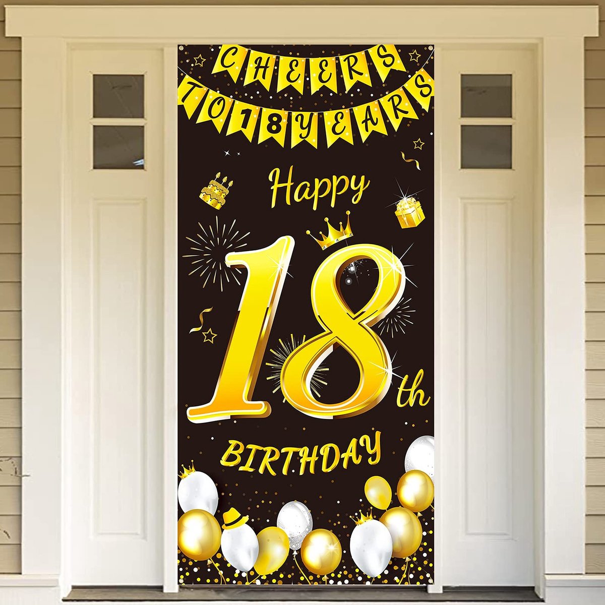 Dailygoods- Verjaardagsdecoratie 18e verjaardag - Zwart/goud banner - Achtergrond decoratie - Deur decoratie - Wanddecoratie - 185 x 90 cm stof - Feestdecoratie
