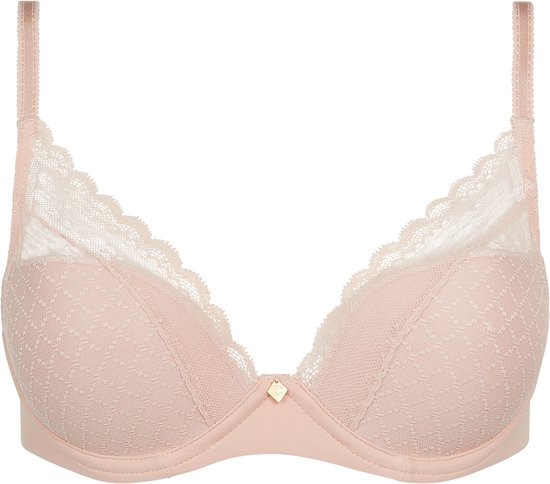 Soutien-gorge préformé rose avec finition en dentelle sur le haut des bonnets et bretelles réglables. Un petit détail doré est au centre.