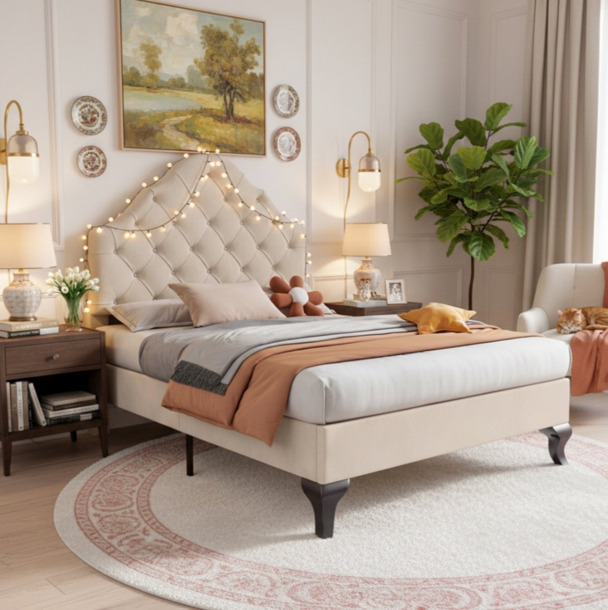 MEUNIQ gestoffeerd eenpersoonsbed 90x200 cm met lattenbodem en in hoogte verstelbaar hoofdbord, normaal bed voor slaapkamer of jeugdkamer, beige