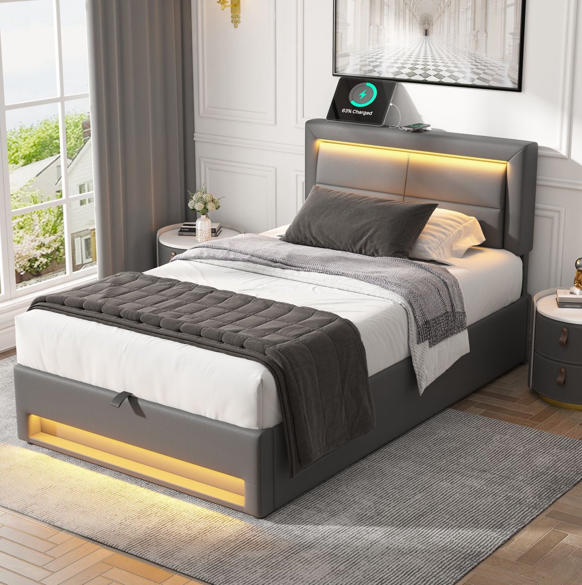 MEUNIQ gestoffeerd eenpersoonsbed 90x200 cm met USB-aansluiting, draadloos en bekabeld laden, LED-verlichting, opbergruimte en lattenbodem voor slaapkamer grijs
