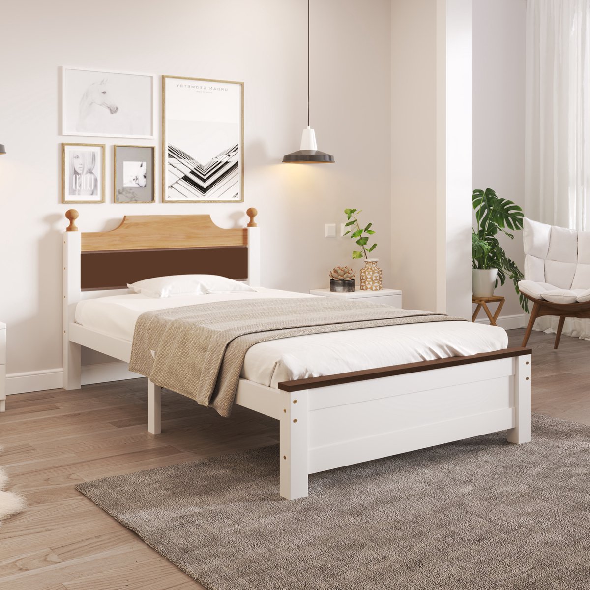 MEUNIQ eenpersoonsbed 90 x 200 cm met lattenbodem, grenen en MDF bedframe met hoofdbord en middenpoten, wit, voor slaapkamer of logeerkamer