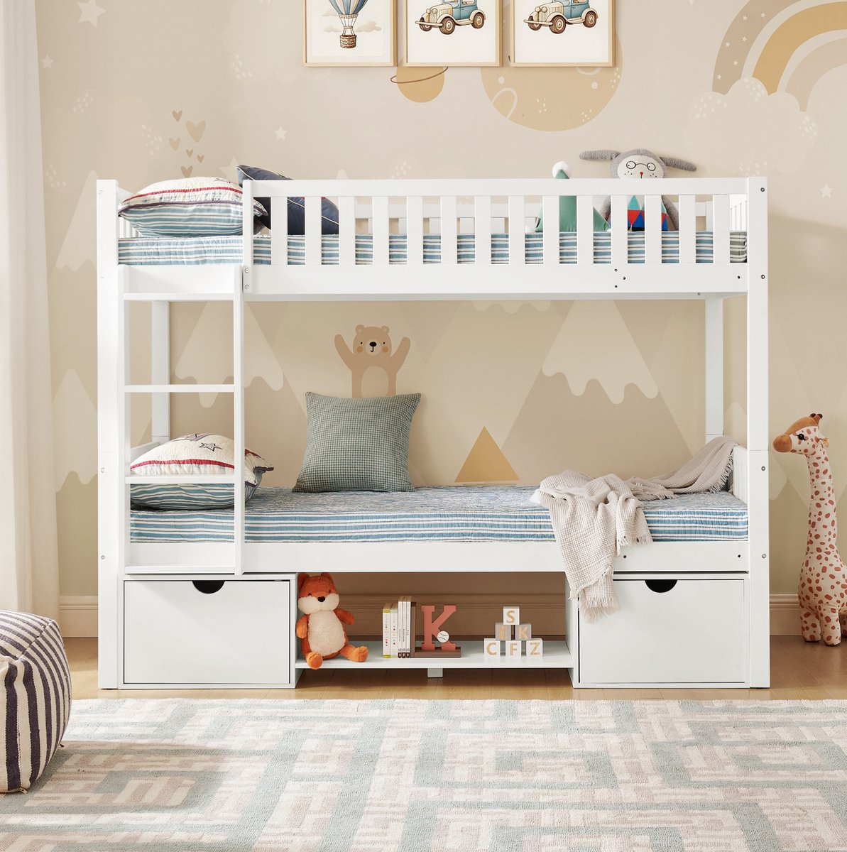 MEUNIQ stapelbed 90x200 cm voor kinderen, om te bouwen tot 2 eenpersoonsbedden, met ladder, veiligheidshekken, 2 lades en open opbergruimte, wit