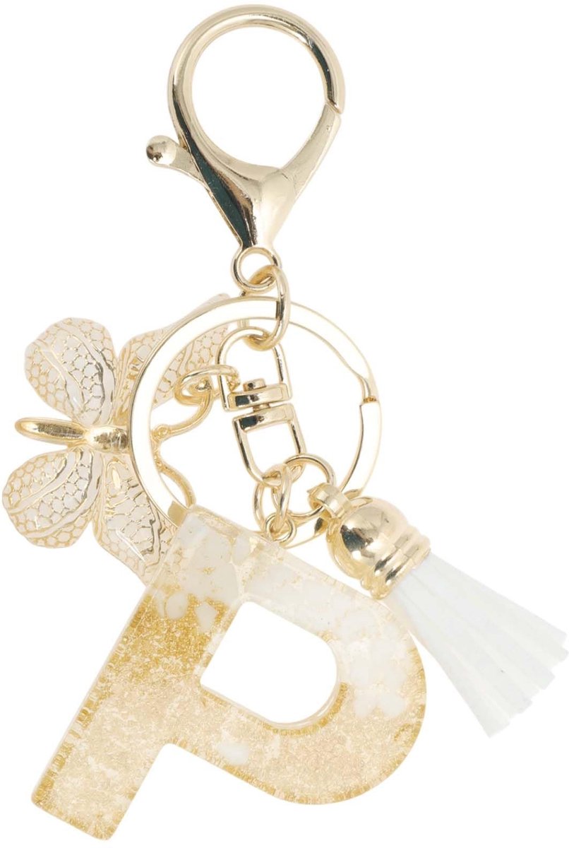 Dailygoods- Sleutelhanger met Vlinder en Letter P - Sleutelhanger voor Meisjes - Sleutelhanger met Kwastje - Hars/Legering - Totale Lengte 9,3 cm - Lichtgewicht en Robuust