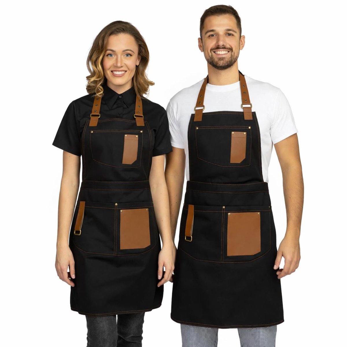 Dailygoods- Kookschort met zakken - Verstelbaar schort - Eco-leer details - Katoenen schort - Geschikt voor horeca - Ideaal voor barista's - Keukenschort