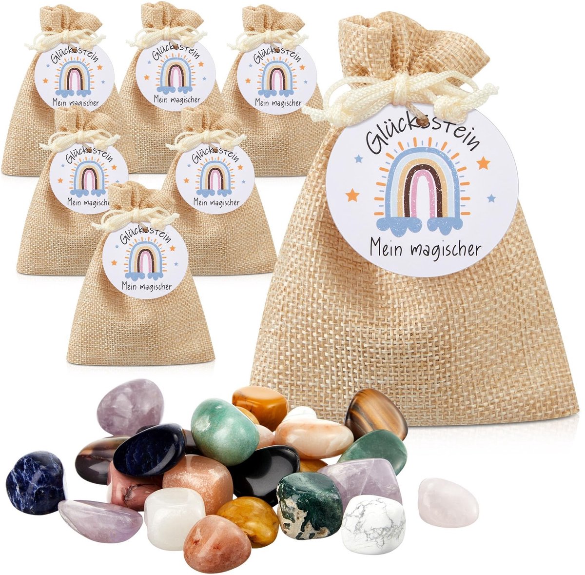 Dailygoods- Geluksstenen Set van 12 - Jute Zakjes - Ronde Papieren Etiketten - Kleurrijke Geluksstenen - Magische Cadeaus - Gastgeschenken voor Verjaardag