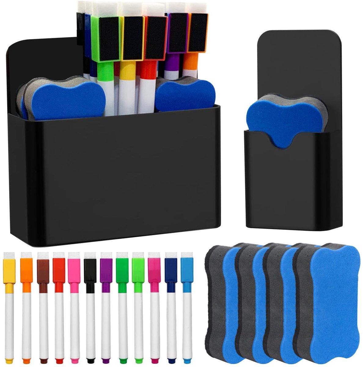 Dailygoods - Set van 12 Whiteboard Markers met Magnetische Spons en Pennenhouders