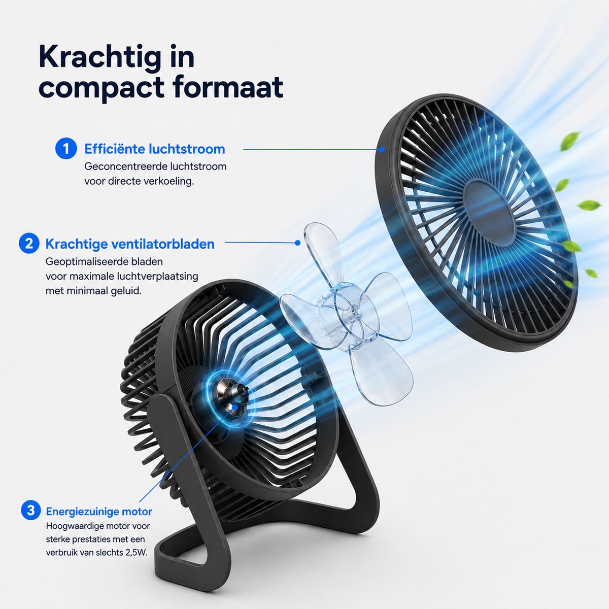Bureau Ventilator - Zuinige Tafelventilator - Kleine USB Ventilator - Mini Bureauventilator - Kantelbare Statiefventilator - Compacte USB-C Fan - Tafelventilator Geluidloos - Bureau Airco - Desk Fan - Deskventilator - Zwart - Silvergear — afbeelding 3