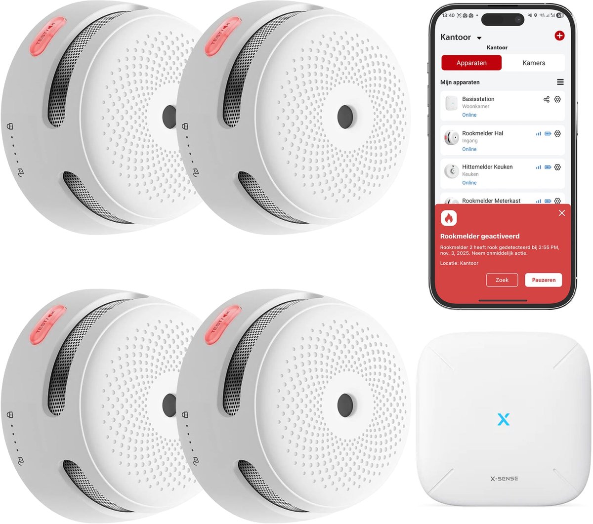 X-Sense XS01-M Rookmelder - 4 Stuks + SBS50 WiFi Hub - Fotoelektrisch - Draadloos Koppelbaar - 10 Jaar Batterij