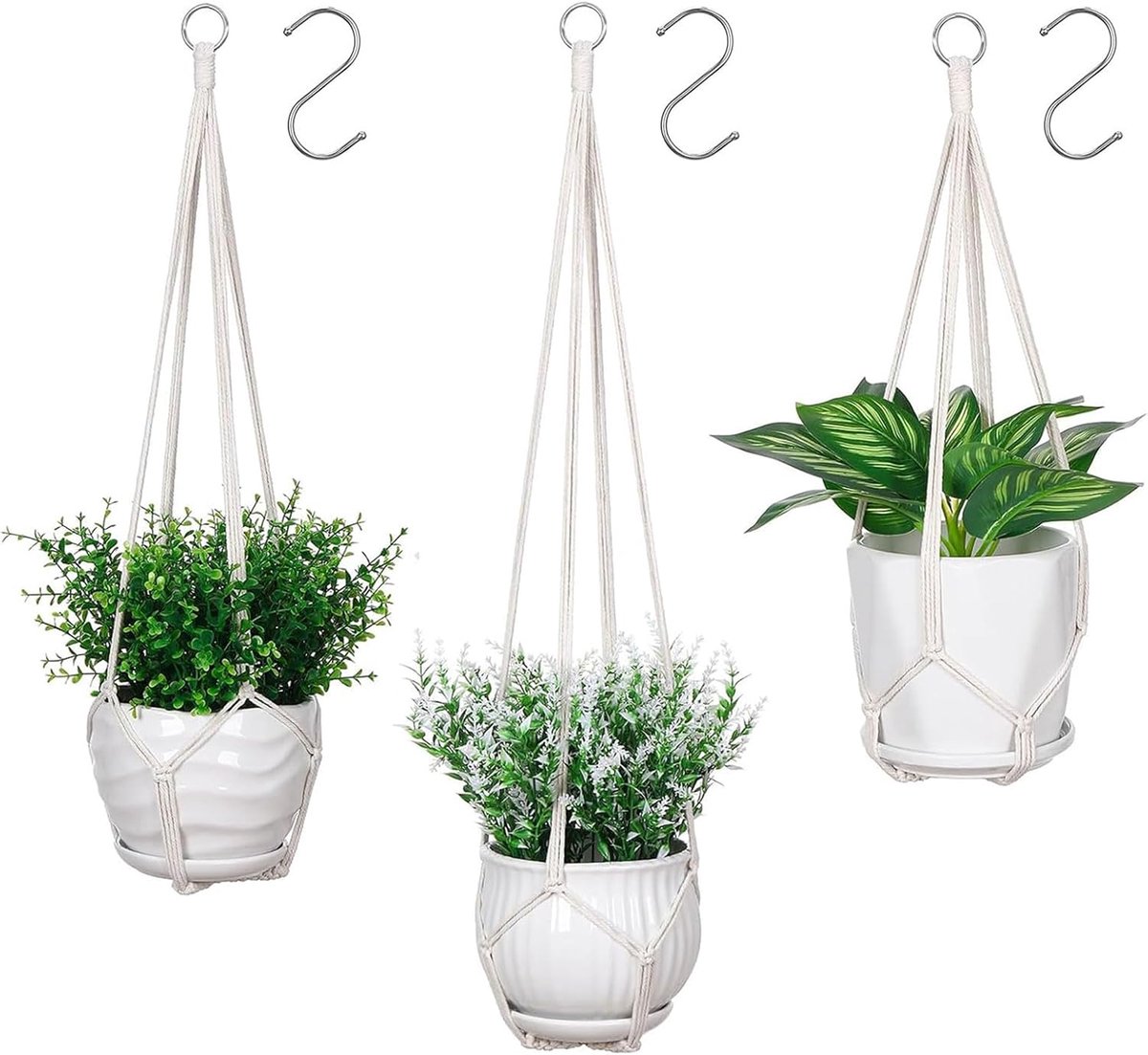 Set van 3 gehaakte plantenhangers in natuurlijke tint - Boho stijl voor binnen en buiten