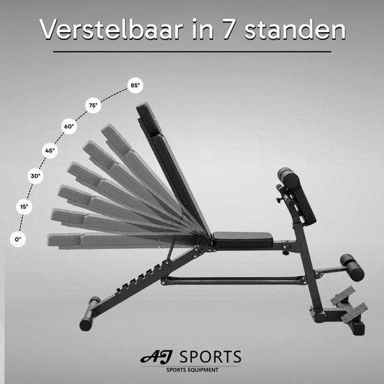 Zwarte fitnessbank in profiel, met gestileerde weergave van 7 verstelbare standen (0-85 graden).
