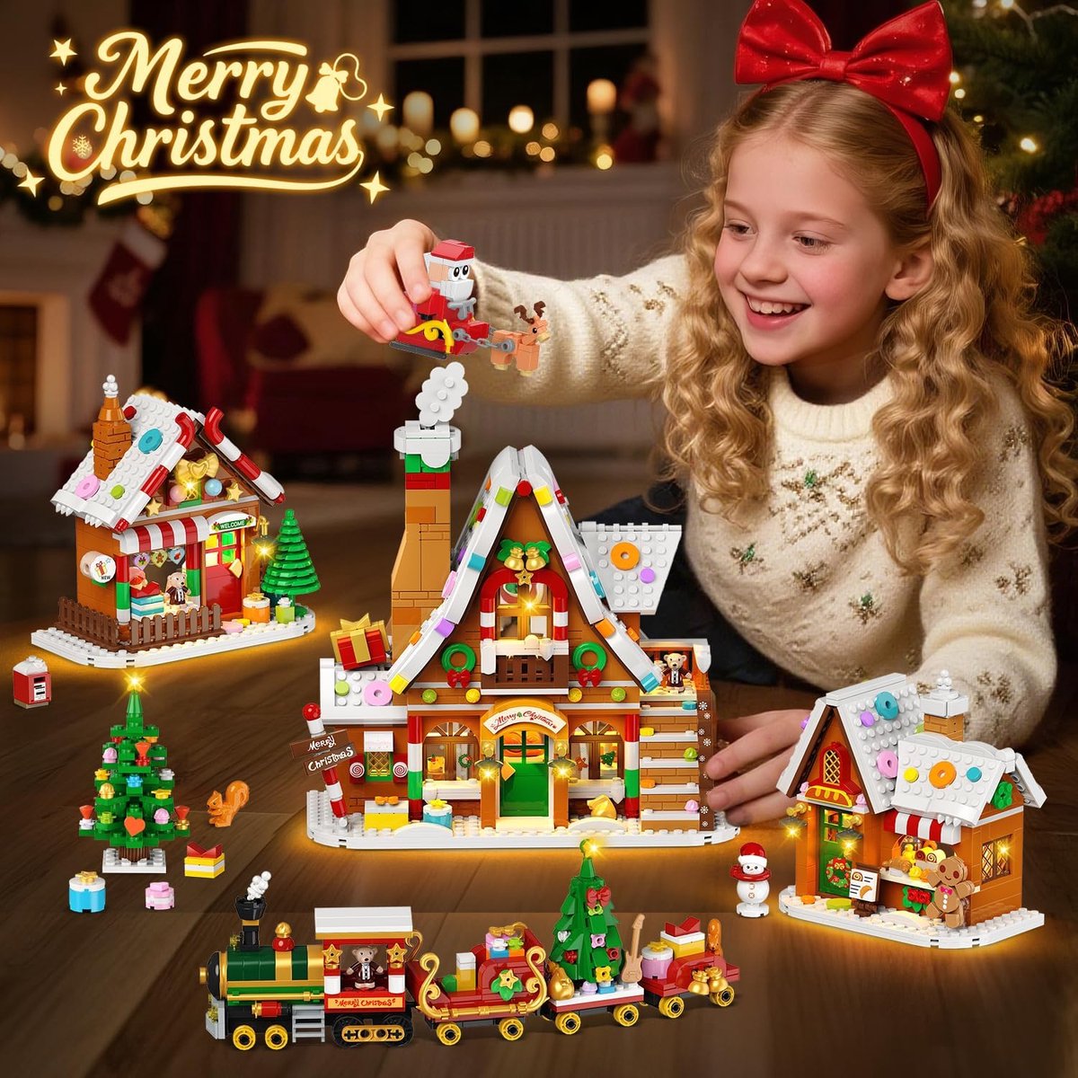 Kerstdorp bouwpakket - Peperkoekhuis set - Kerstversiering maken - Met verlichting - 1955 stenen - Multicolor – foto 7