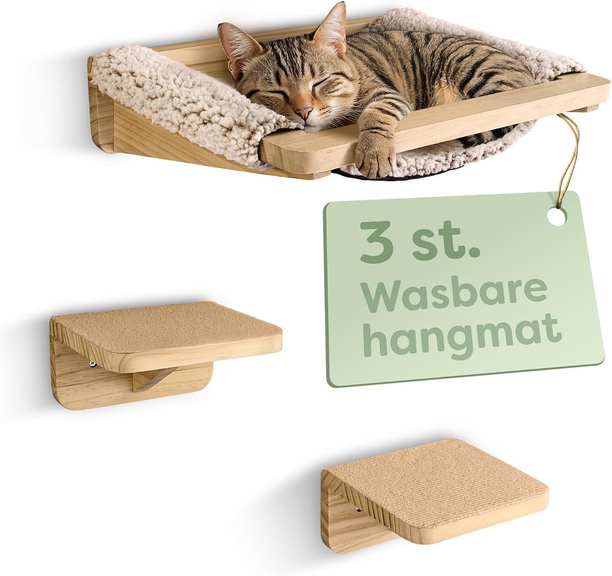 Katten Klimmuur Set - Wandmeubel Kat - Speelplezier & Rust - FSC Grenenhout - 40x31x10cm - Beige