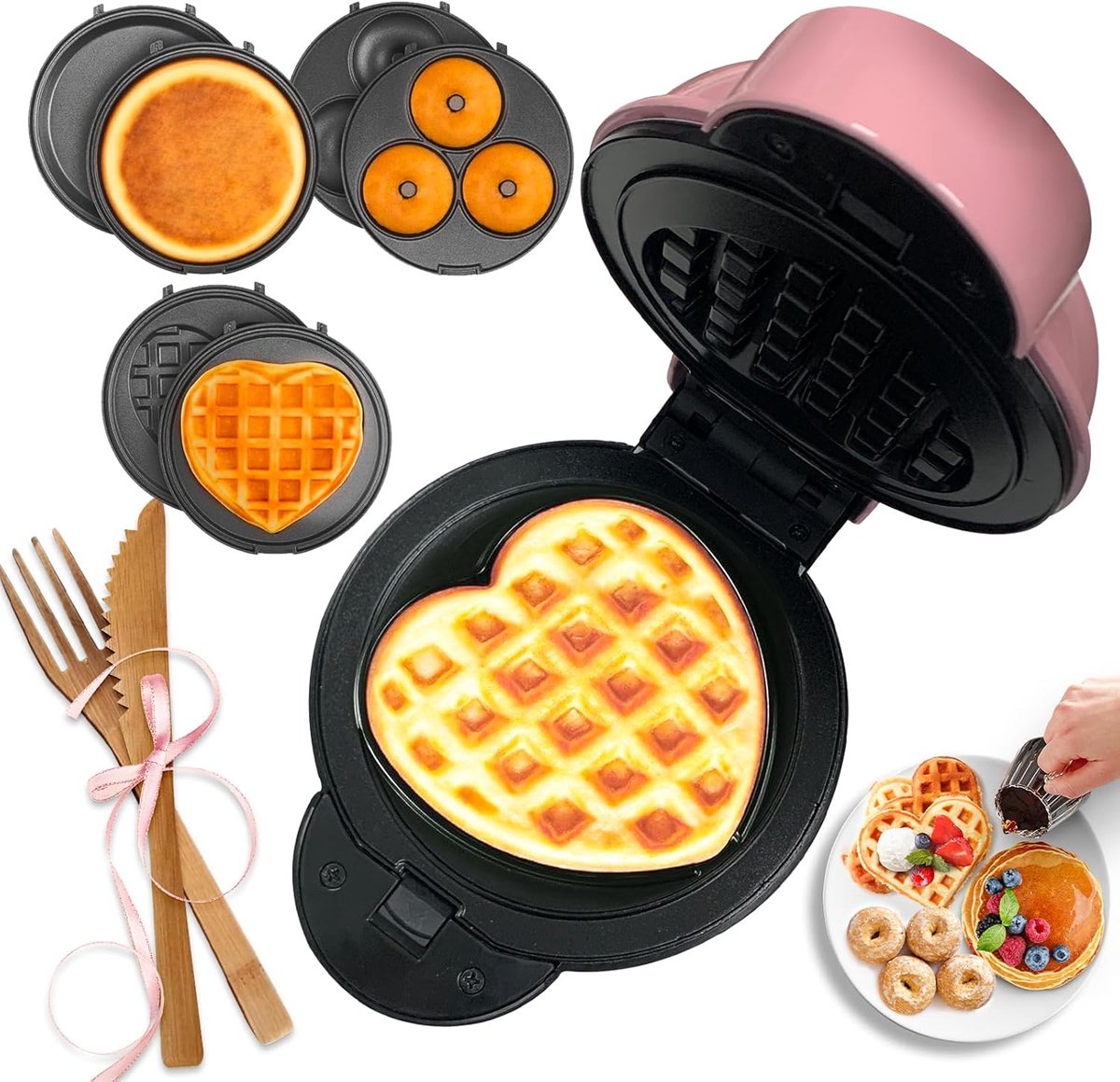 Mini Wafelijzer - Hartvormige Maker - Ontbijt Maken - 6 Wisselbare Platen - 10 cm Platen - Roze