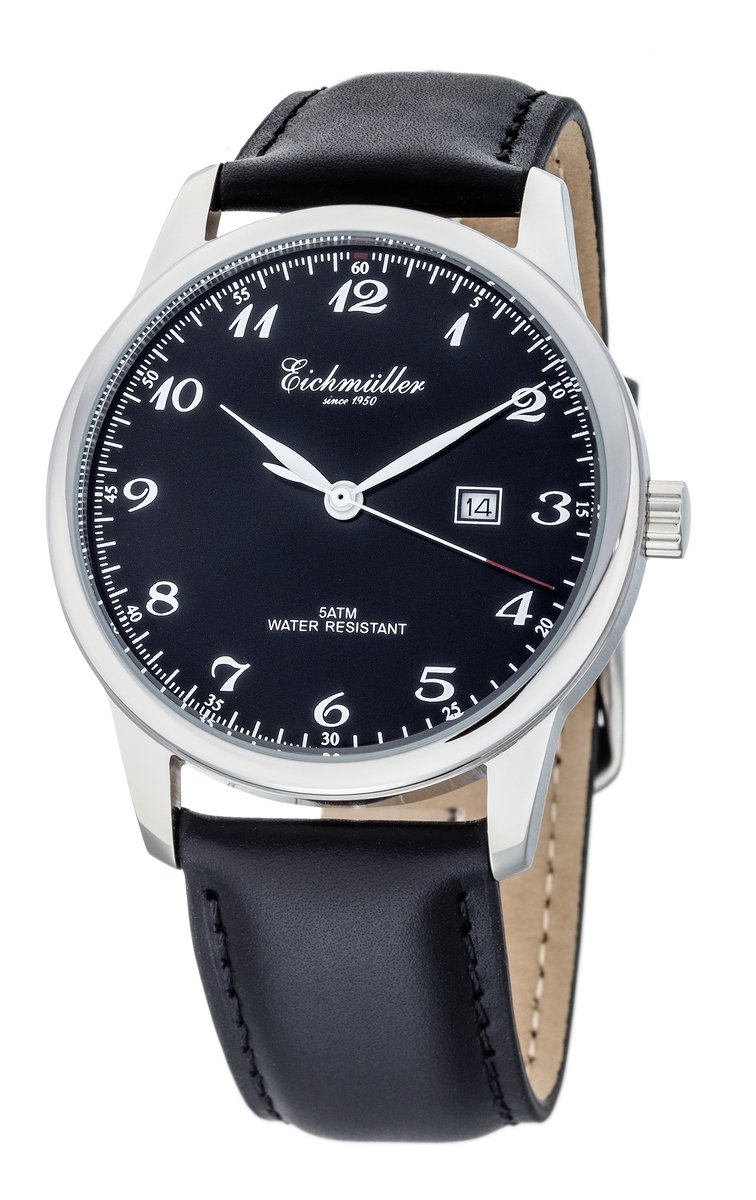 Eichmüller Klassiek XL Herenhorloge met Datum - Edelstaal - Zwarte Horlogeband - Zwarte Wijzerplaat - Quartz Uurwerk - 5 ATM - 42 mm