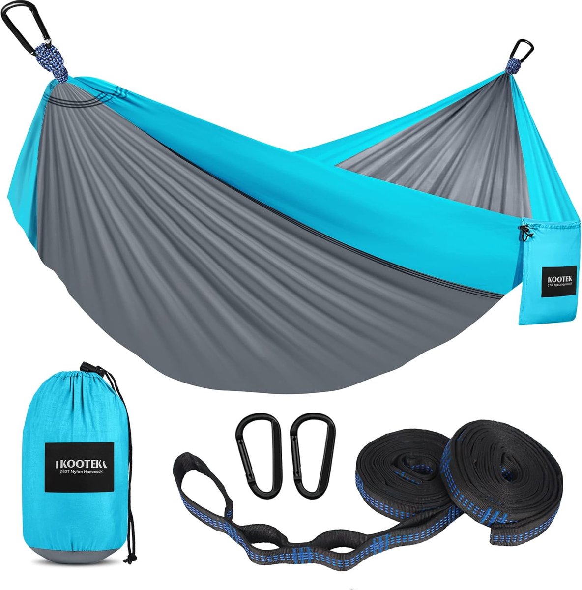 Camping hangmat - Nylon hangmat - Ontspannen buiten - Inclusief boomvriendelijke banden - Lichtgewicht & compact - Hemelsblauw/grijs