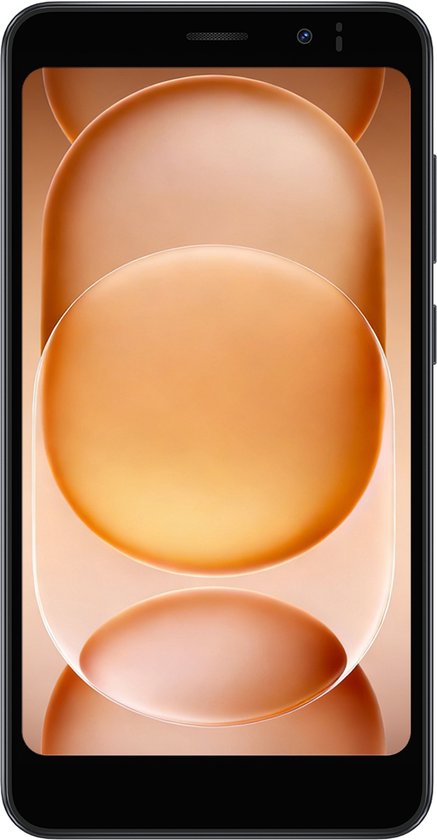 Zwarte Blackview WAVE 2C smartphone met 5-inch scherm en abstracte oranje cirkels.