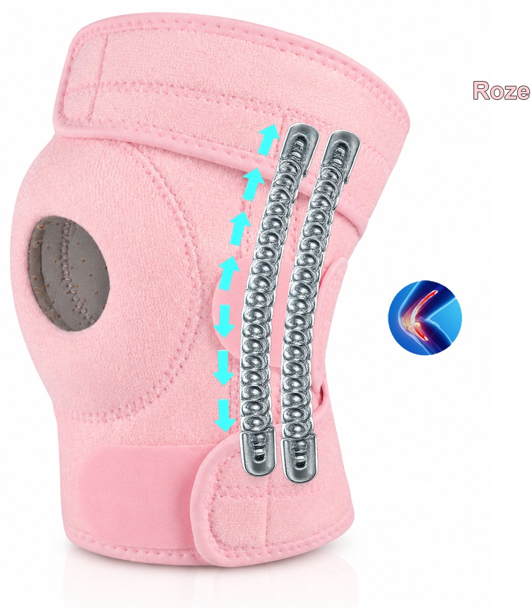 Kniebrace met Zijstabilisatoren – 1Stuks - Voor Links - Verstelbare Ademende Kniebandage – Ondersteuning bij Sport, Meniscus, Patella en Kniepijn - Patellabrace - Patellabandje - Een maat - Roze