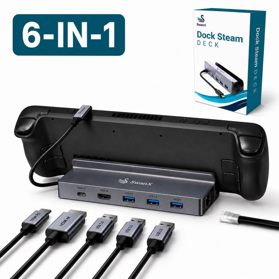 Zilveren SwanX 6-in-1 Docking Station voor Steam Deck met 4K HDMI, USB 3.0 en Ethernet poorten.