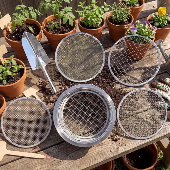 7-delige tuinzeefset, 5-in-1 tuinzeef, roestvrijstalen zandzeef (openingen 1, 3, 6, 9, 12 mm), grondzeef (met handschepje) - Geschikt voor aarde, kiezels, onkruid, grind en zaden. — afbeelding 5