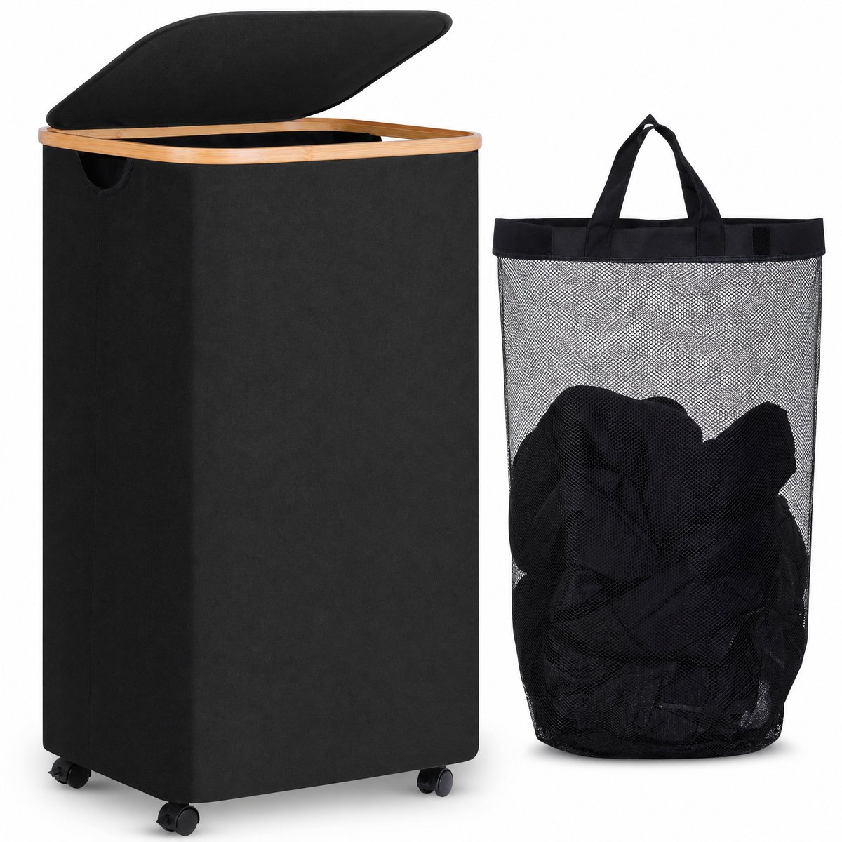 Vouwbaar - Wasmand met deksel - 100 liter met wielen en rem - Bamboe handvatten en afneembare zak - Geschikt voor badkamer, slaapkamer en wasruimte