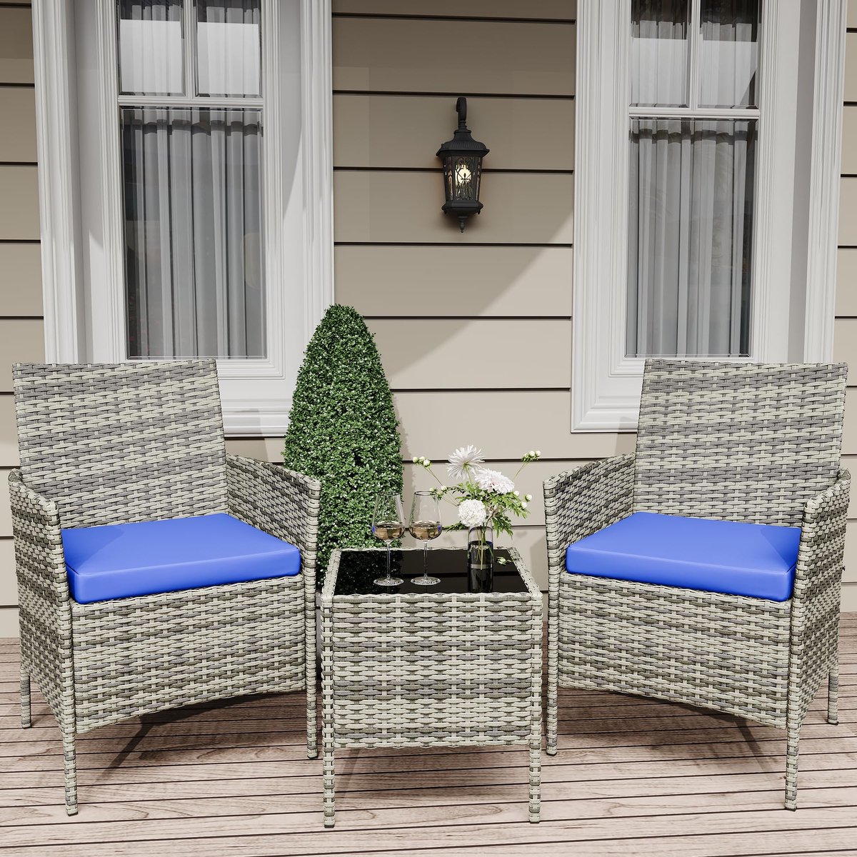 Tuinset 3-delig - Lounge Set met Rotan Fauteuils en Kussens voor 2 Personen - Balkonset met Glazen Salontafel - voor Terras en Tuin - Grijs + Blauw