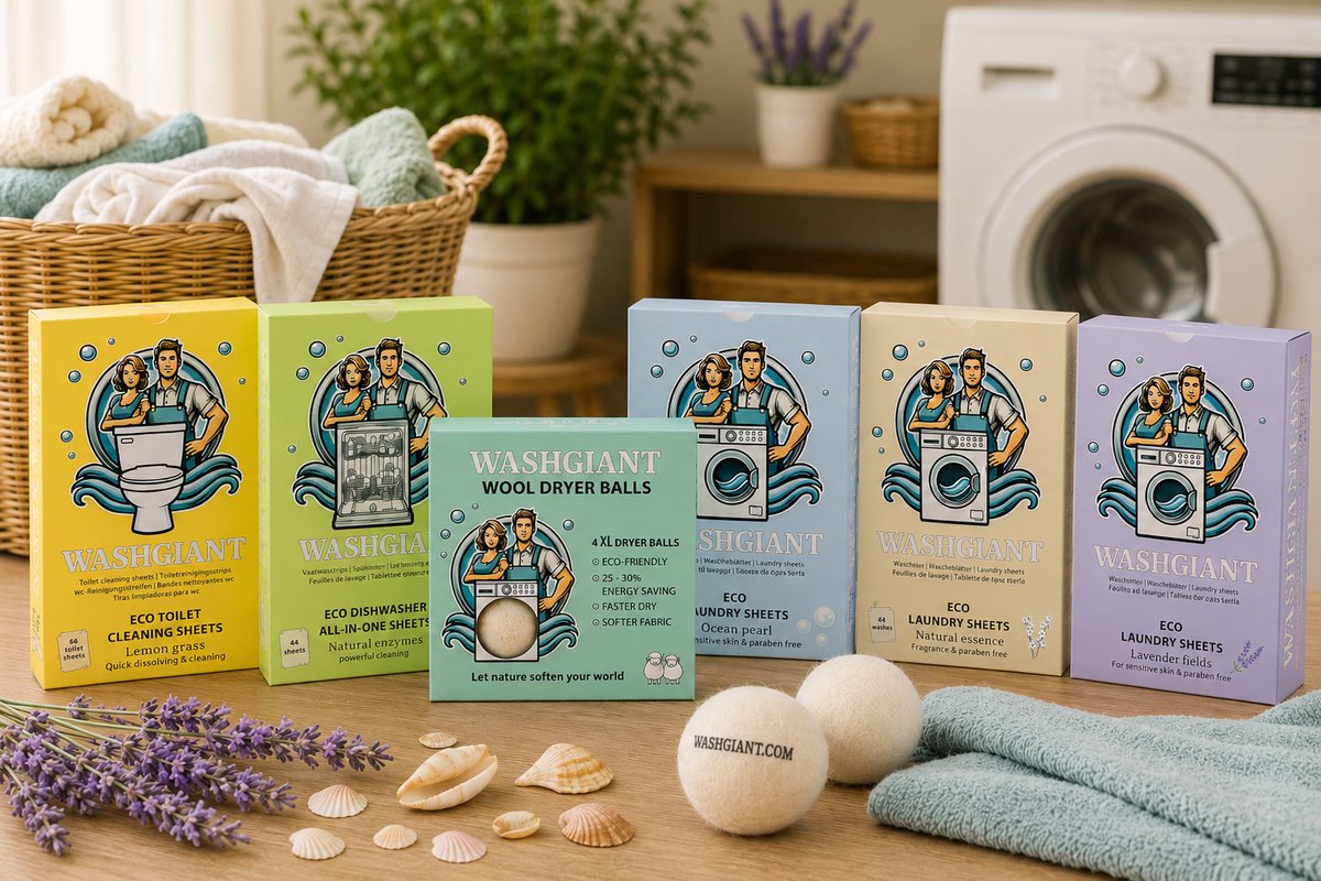 Washgiant Ervaar Alles Pakket – Wasstrips, Vaatwasserstrips & Toiletreiniger Strips – Duurzaam Huishoudpakket