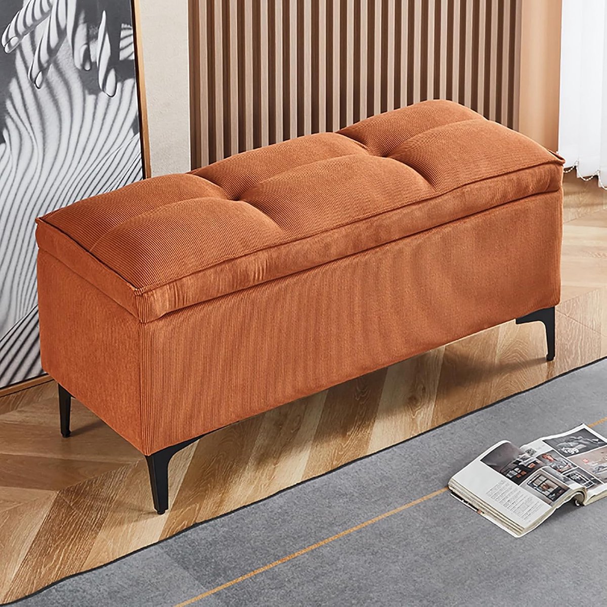 Opbergbankje Corduroy - Voetenbank Kruk - Ruimte Organiseren - Gecapitonneerd Design - 80x40x45cm - Oranje