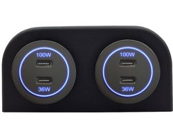 ProRide 12-24V USB C Autolader 2 Poorten Opbouw - 100W+36W - Tweevoudig Paneel - Blauw - 2 Stuks