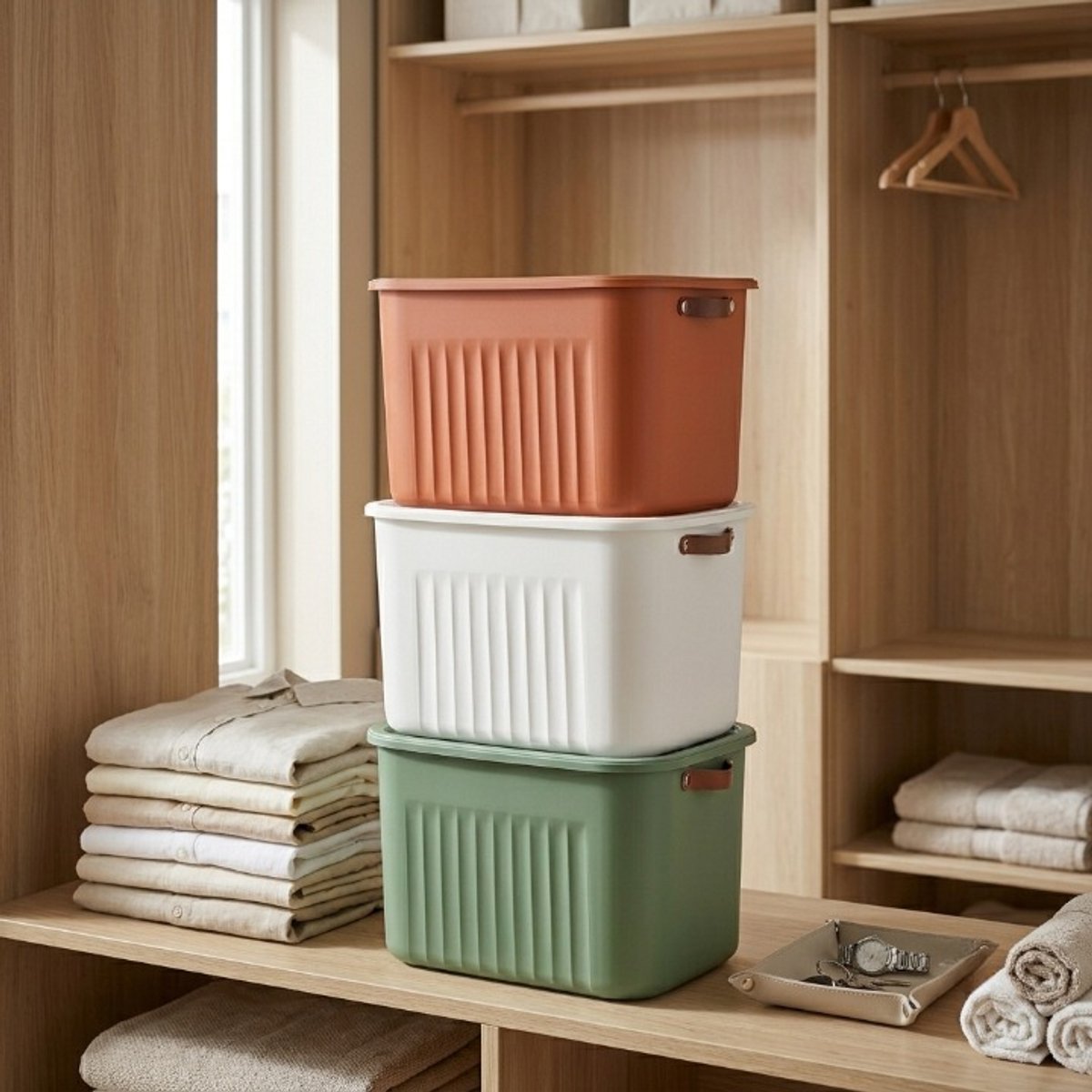 INDECOR-Opbergbox 15 Liter Set van 3 met Deksel – BPA-vrije Stapelbare Opbergdozen met Handgrepen – Opbergmanden voor Kleding, Speelgoed en Accessoires – Terracotta, Wit en Groen